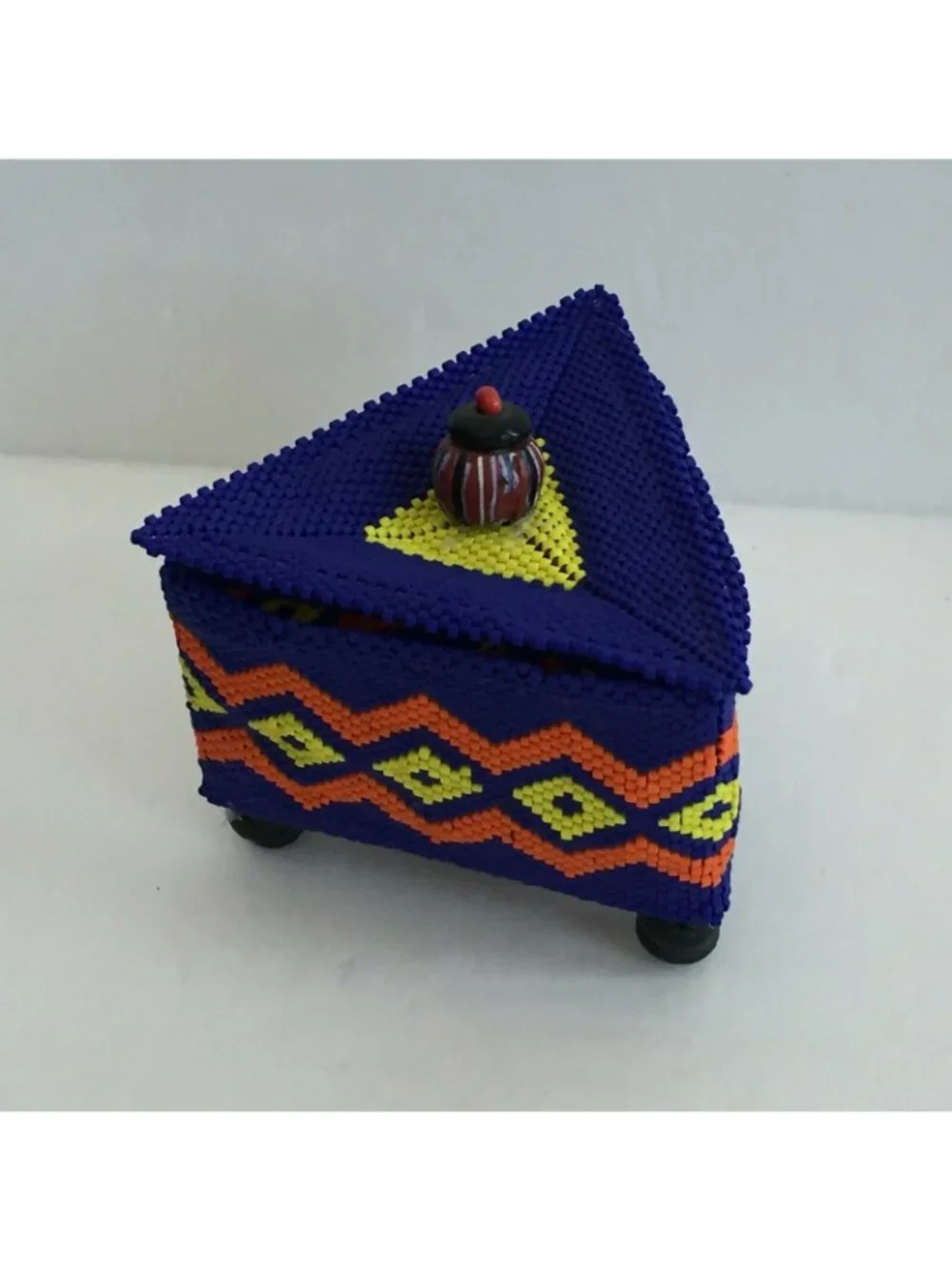 Handmade Beaded Small Box Royal Blue Orange Yellow Tribal Tchotchke